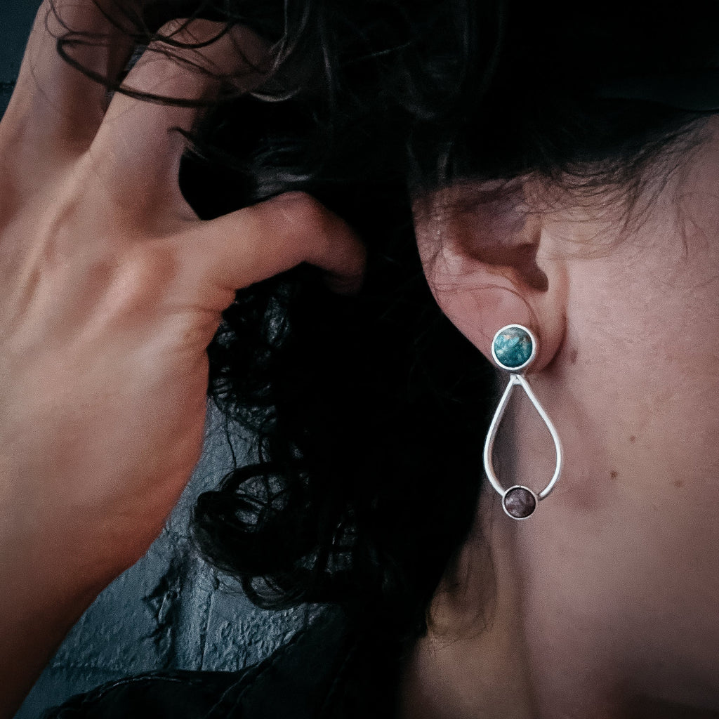 Journey to Mars Earrings - Copper Chrysocolla Earth and Red Jasper Mars - Che Cose Belle