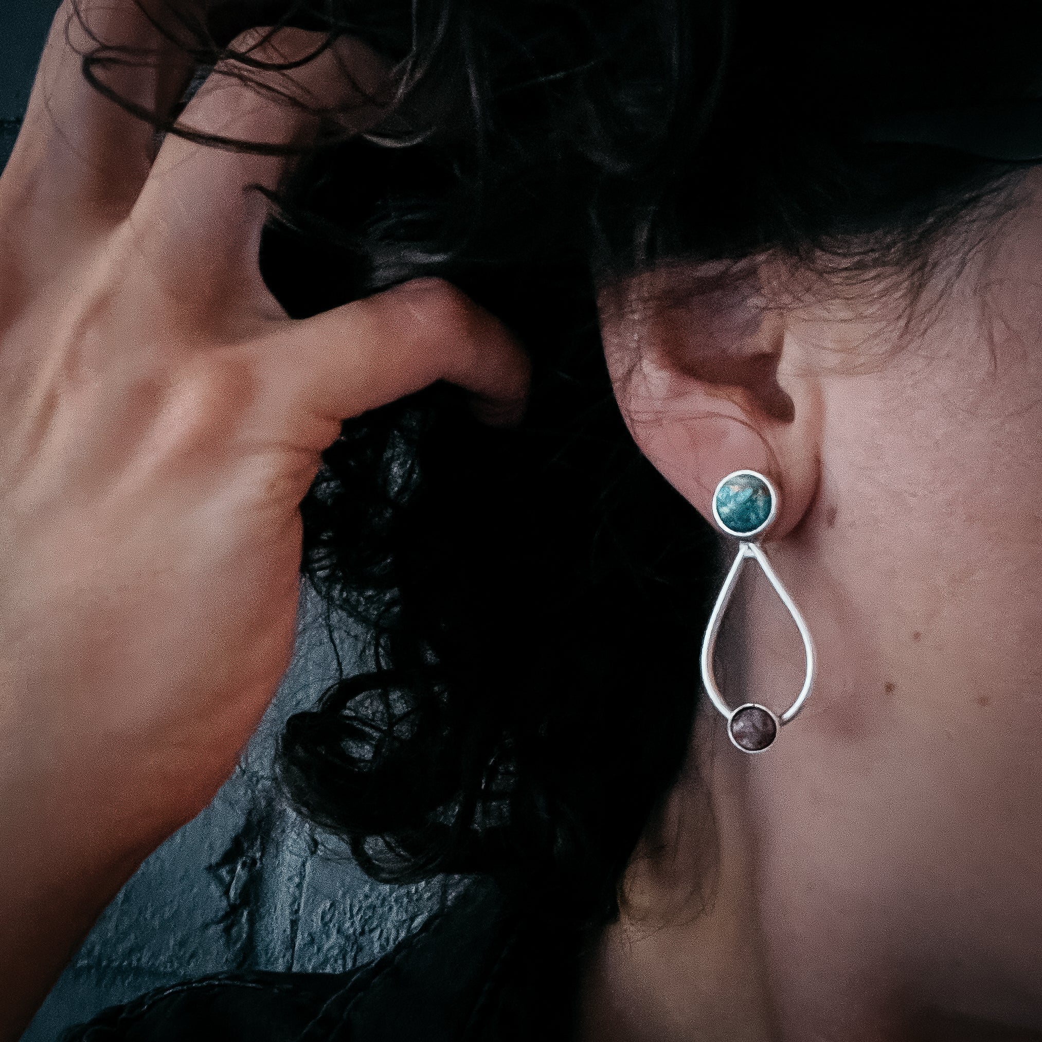 Journey to Mars Earrings - Copper Chrysocolla Earth and Red Jasper Mars - Che Cose Belle