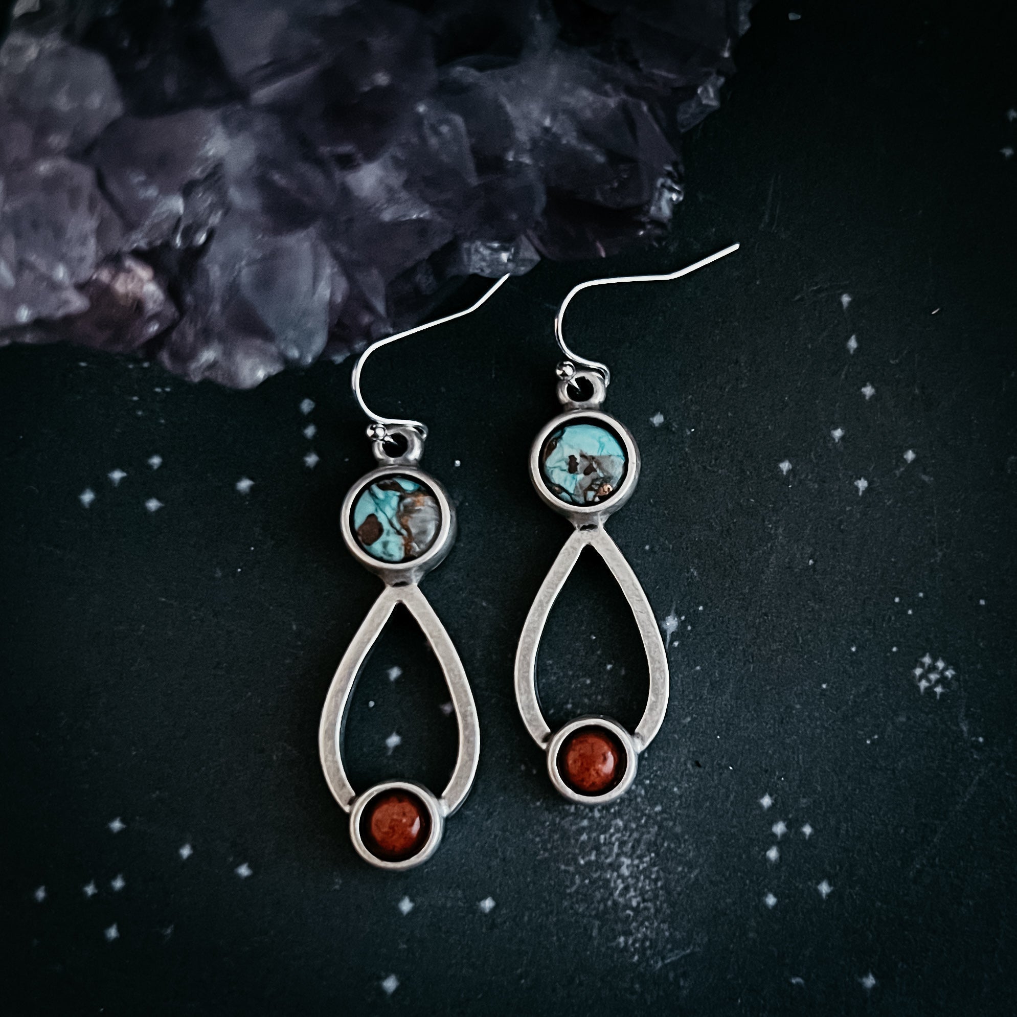 Journey to Mars Earrings - Copper Chrysocolla Earth and Red Jasper Mars - Che Cose Belle