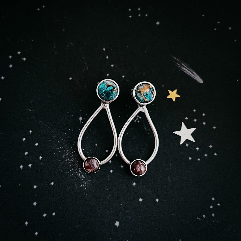 Journey to Mars Earrings - Copper Chrysocolla Earth and Red Jasper Mars - Che Cose Belle