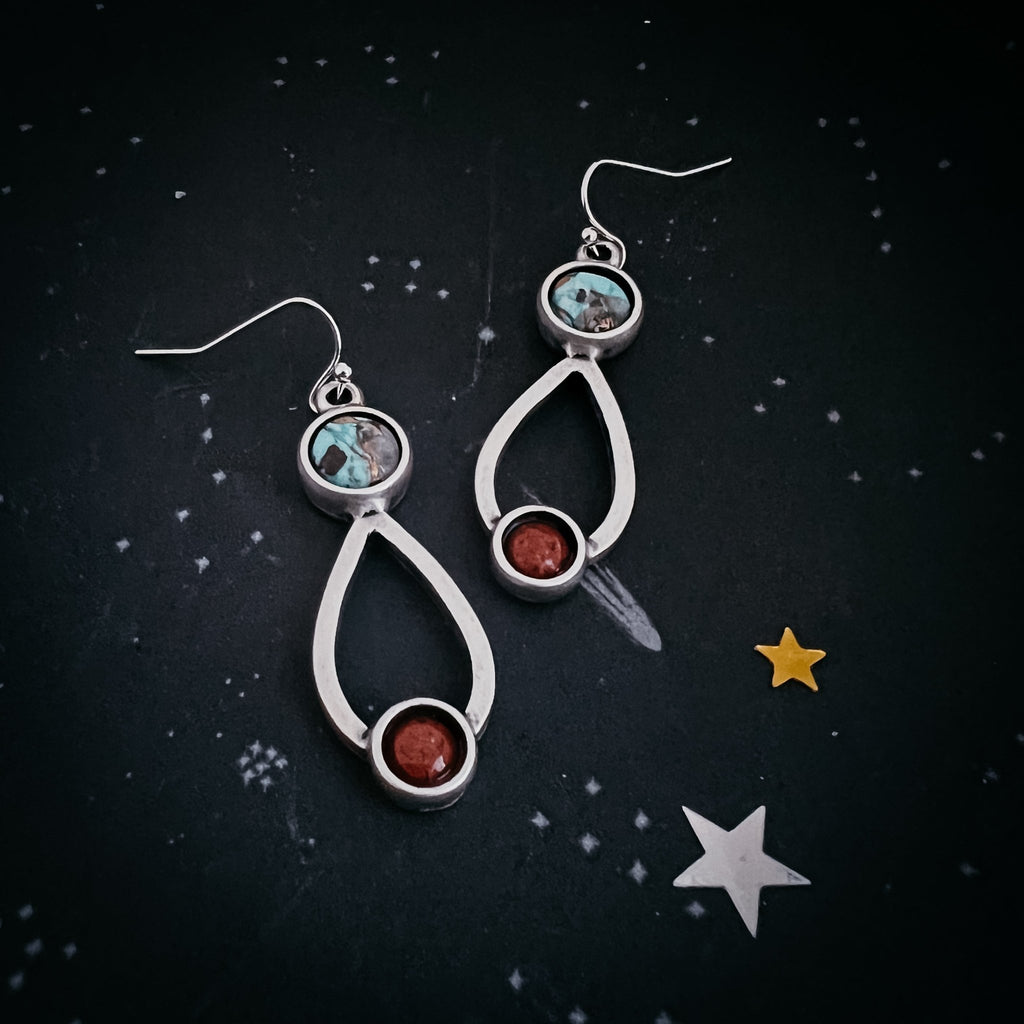 Journey to Mars Earrings - Copper Chrysocolla Earth and Red Jasper Mars - Che Cose Belle