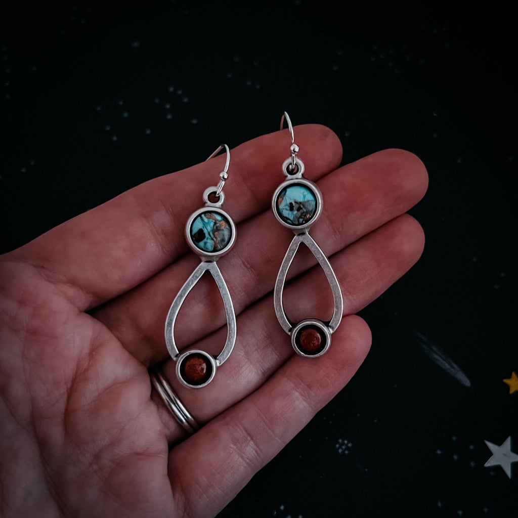Journey to Mars Earrings - Copper Chrysocolla Earth and Red Jasper Mars - Che Cose Belle