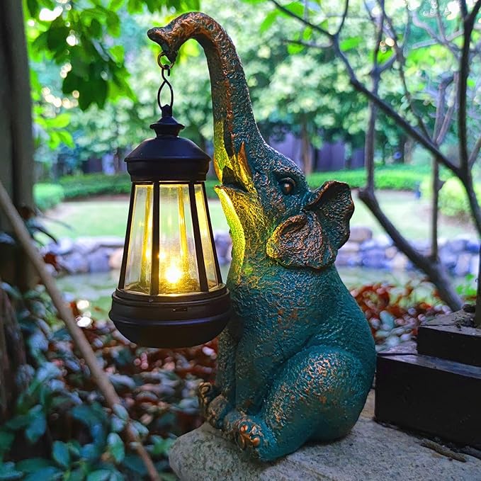 JOYBEE Garden Statues Elephant with Solar Lantern Outdoor Decor - Elephant Solar Figurines Lights Decorations for Patio Yard Lawn Ornaments - Gifts for Birthday Easter Housewarming - Che Cose Belle