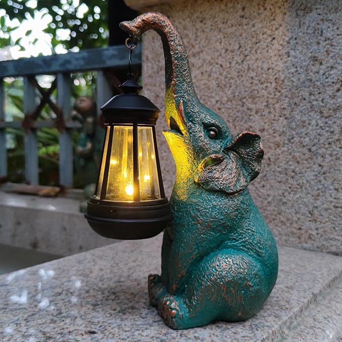JOYBEE Garden Statues Elephant with Solar Lantern Outdoor Decor - Elephant Solar Figurines Lights Decorations for Patio Yard Lawn Ornaments - Gifts for Birthday Easter Housewarming - Che Cose Belle