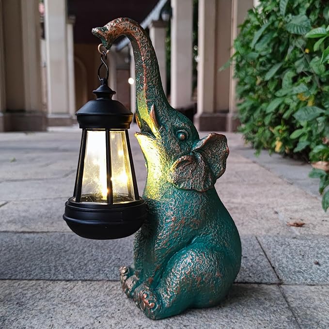 JOYBEE Garden Statues Elephant with Solar Lantern Outdoor Decor - Elephant Solar Figurines Lights Decorations for Patio Yard Lawn Ornaments - Gifts for Birthday Easter Housewarming - Che Cose Belle