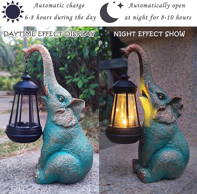 JOYBEE Garden Statues Elephant with Solar Lantern Outdoor Decor - Elephant Solar Figurines Lights Decorations for Patio Yard Lawn Ornaments - Gifts for Birthday Easter Housewarming - Che Cose Belle