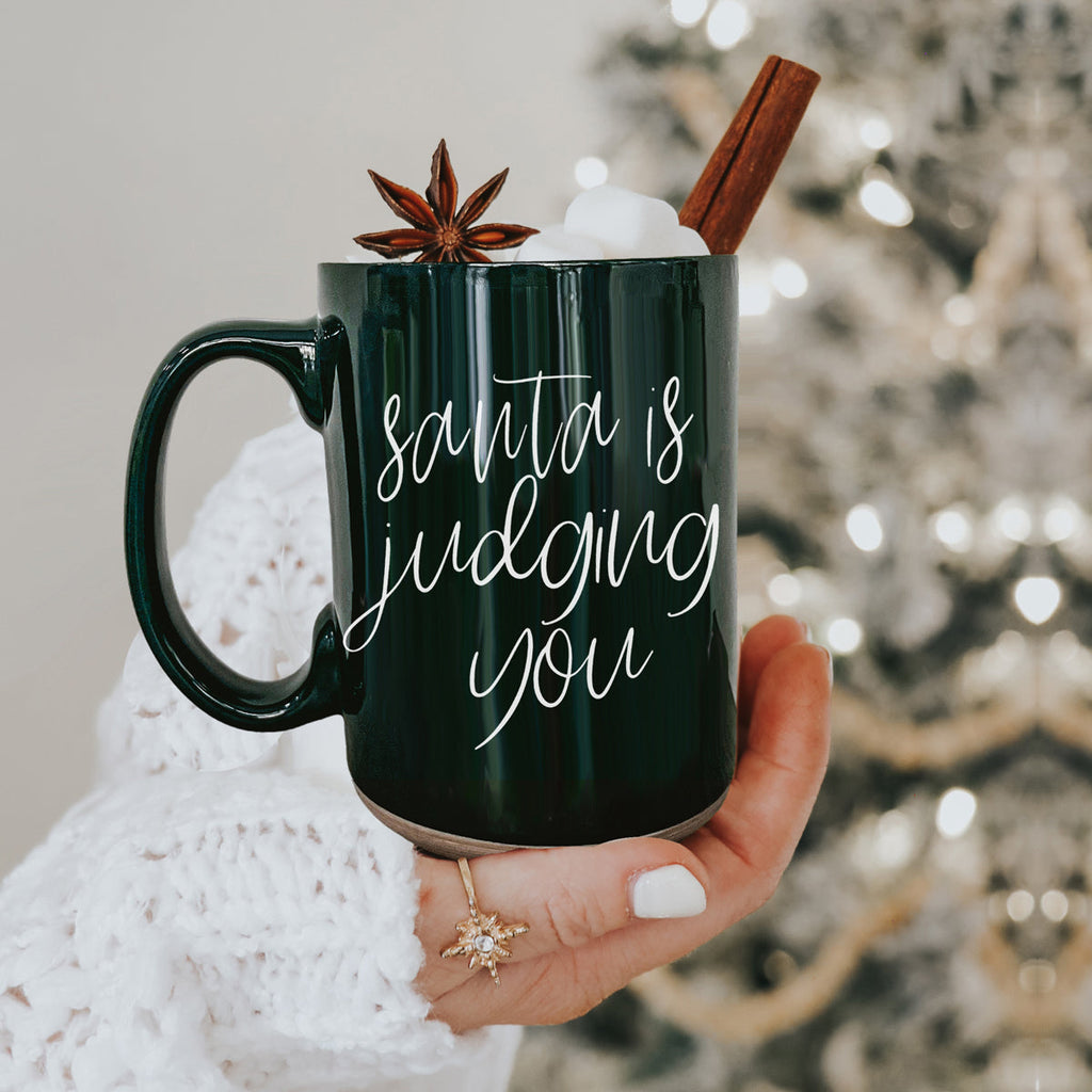 Santa's Judging You Naughty And Nice Ceramic Christmas Coffee Mug Red Or Green Double Sided