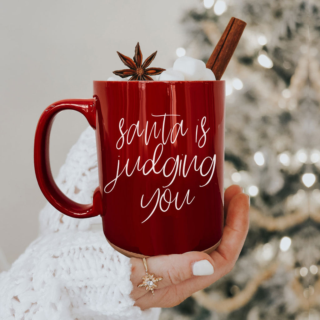 Santa's Judging You Naughty And Nice Ceramic Christmas Coffee Mug Red Or Green Double Sided