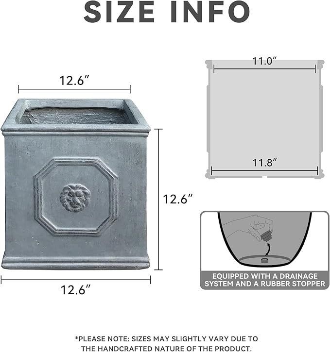 Kante Square Lion Head Concrete Planter, Classic English Style Plant Pot with Drainage Hole and Rubber Plug for Indoor Outdoor Garden Patio Home, 12.6"x12.6"x12.6" Antique Gray - Che Cose Belle