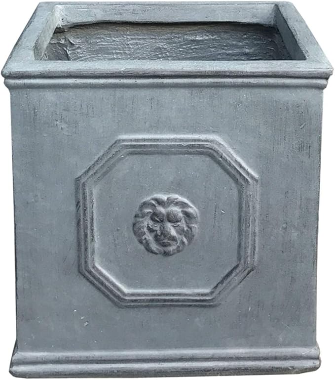 Kante Square Lion Head Concrete Planter, Classic English Style Plant Pot with Drainage Hole and Rubber Plug for Indoor Outdoor Garden Patio Home, 12.6"x12.6"x12.6" Antique Gray - Che Cose Belle