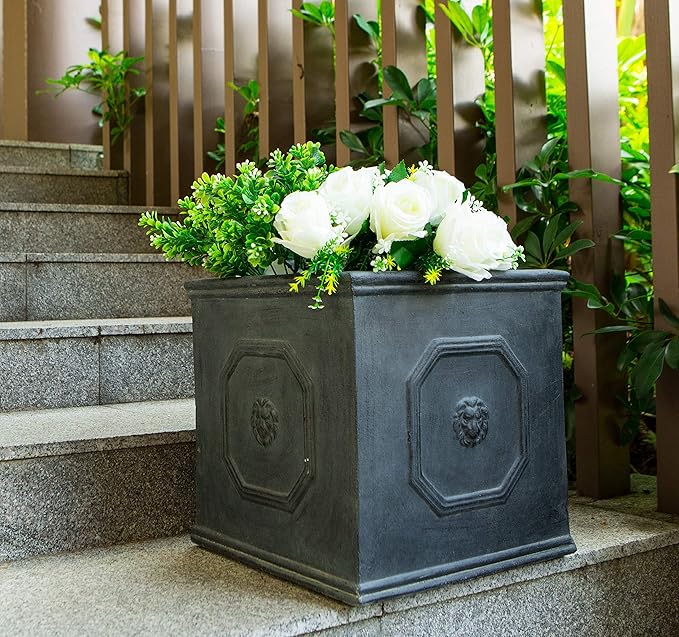 Kante Square Lion Head Concrete Planter, Classic English Style Plant Pot with Drainage Hole and Rubber Plug for Indoor Outdoor Garden Patio Home, 12.6"x12.6"x12.6" Antique Gray - Che Cose Belle