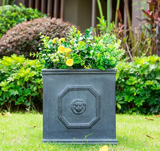 Kante Square Lion Head Concrete Planter, Classic English Style Plant Pot with Drainage Hole and Rubber Plug for Indoor Outdoor Garden Patio Home, 12.6"x12.6"x12.6" Antique Gray - Che Cose Belle