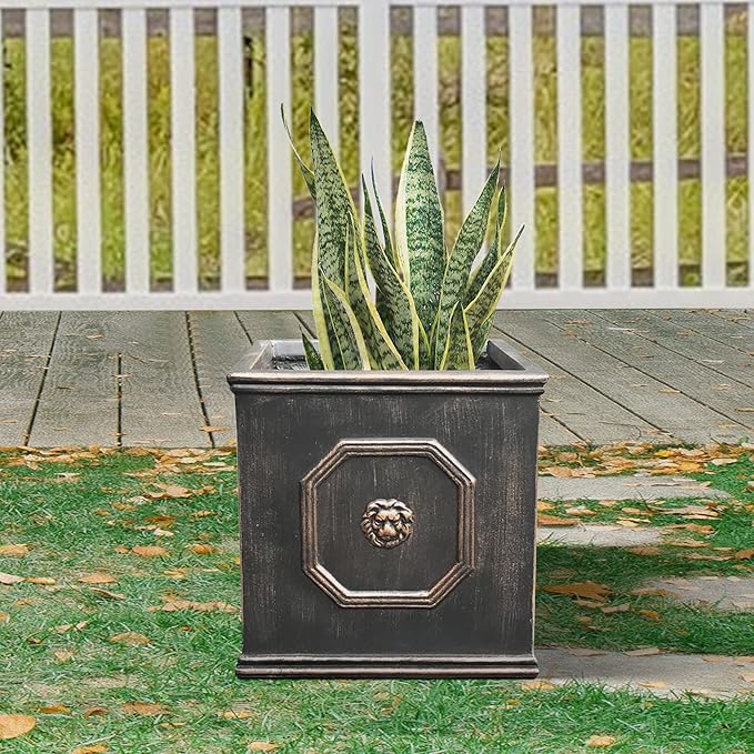 Kante Square Lion Head Concrete Planter, Classic English Style Plant Pot with Drainage Hole and Rubber Plug for Indoor Outdoor Garden Patio Home, 12.6"x12.6"x12.6" Metallic Chestnut - Che Cose Belle