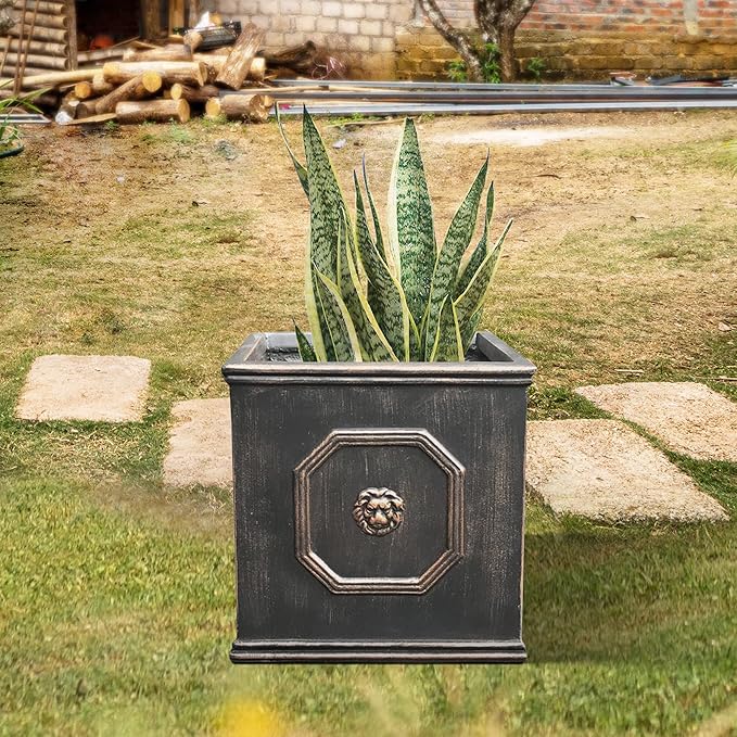 Kante Square Lion Head Concrete Planter, Classic English Style Plant Pot with Drainage Hole and Rubber Plug for Indoor Outdoor Garden Patio Home, 12.6"x12.6"x12.6" Metallic Chestnut - Che Cose Belle