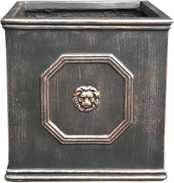 Kante Square Lion Head Concrete Planter, Classic English Style Plant Pot with Drainage Hole and Rubber Plug for Indoor Outdoor Garden Patio Home, 12.6"x12.6"x12.6" Metallic Chestnut - Che Cose Belle
