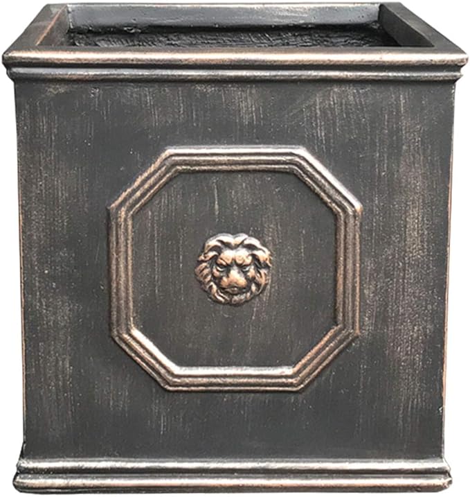 Kante Square Lion Head Concrete Planter, Classic English Style Plant Pot with Drainage Hole and Rubber Plug for Indoor Outdoor Garden Patio Home, 12.6"x12.6"x12.6" Oil Rubbed Bronze - Che Cose Belle