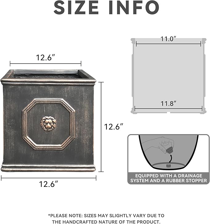 Kante Square Lion Head Concrete Planter, Classic English Style Plant Pot with Drainage Hole and Rubber Plug for Indoor Outdoor Garden Patio Home, 12.6"x12.6"x12.6" Oil Rubbed Bronze - Che Cose Belle