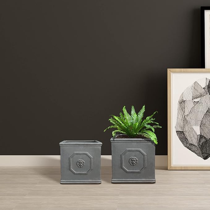 Kante Square Lion Head Concrete Planter Set of 2, Classic English Style Plant Pot with Drainage Hole and Rubber Plug for Indoor Outdoor, 10.2"x10.2"x10.2" and 12.6"x12.6"x12.6" Antique Gray - Che Cose Belle
