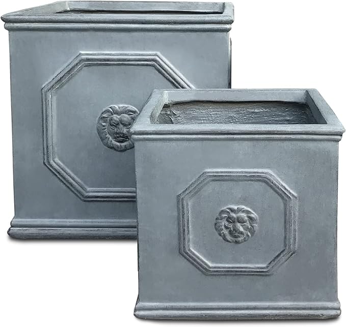 Kante Square Lion Head Concrete Planter Set of 2, Classic English Style Plant Pot with Drainage Hole and Rubber Plug for Indoor Outdoor, 10.2"x10.2"x10.2" and 12.6"x12.6"x12.6" Antique Gray - Che Cose Belle