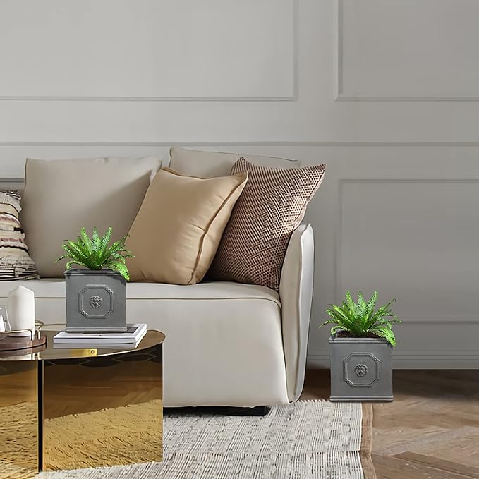 Kante Square Lion Head Concrete Planter Set of 2, Classic English Style Plant Pot with Drainage Hole and Rubber Plug for Indoor Outdoor, 10.2"x10.2"x10.2" and 12.6"x12.6"x12.6" Antique Gray - Che Cose Belle
