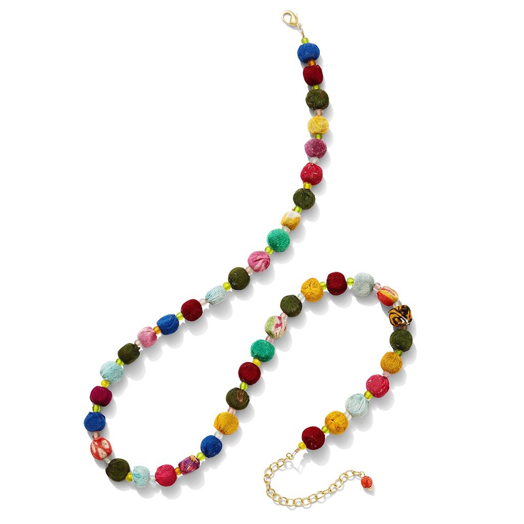 Kantha Bead Necklace Recycled Sari Fabric Handmade Colorful Ethnic Jewelry - Che Cose Belle