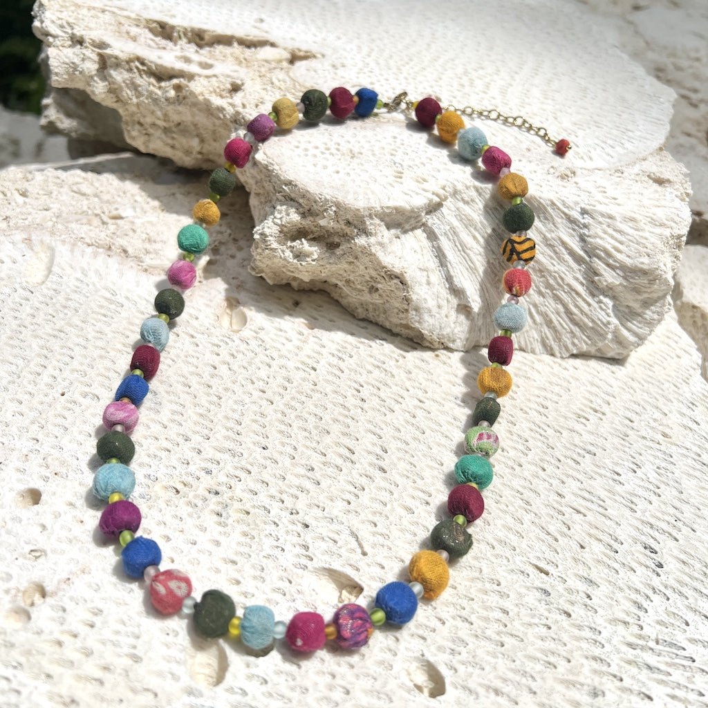 Kantha Bead Necklace Recycled Sari Fabric Handmade Colorful Ethnic Jewelry - Che Cose Belle