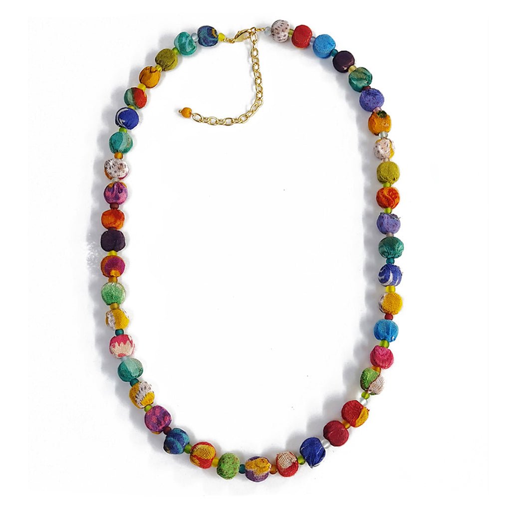 Kantha Bead Necklace Recycled Sari Fabric Handmade Colorful Ethnic Jewelry - Che Cose Belle