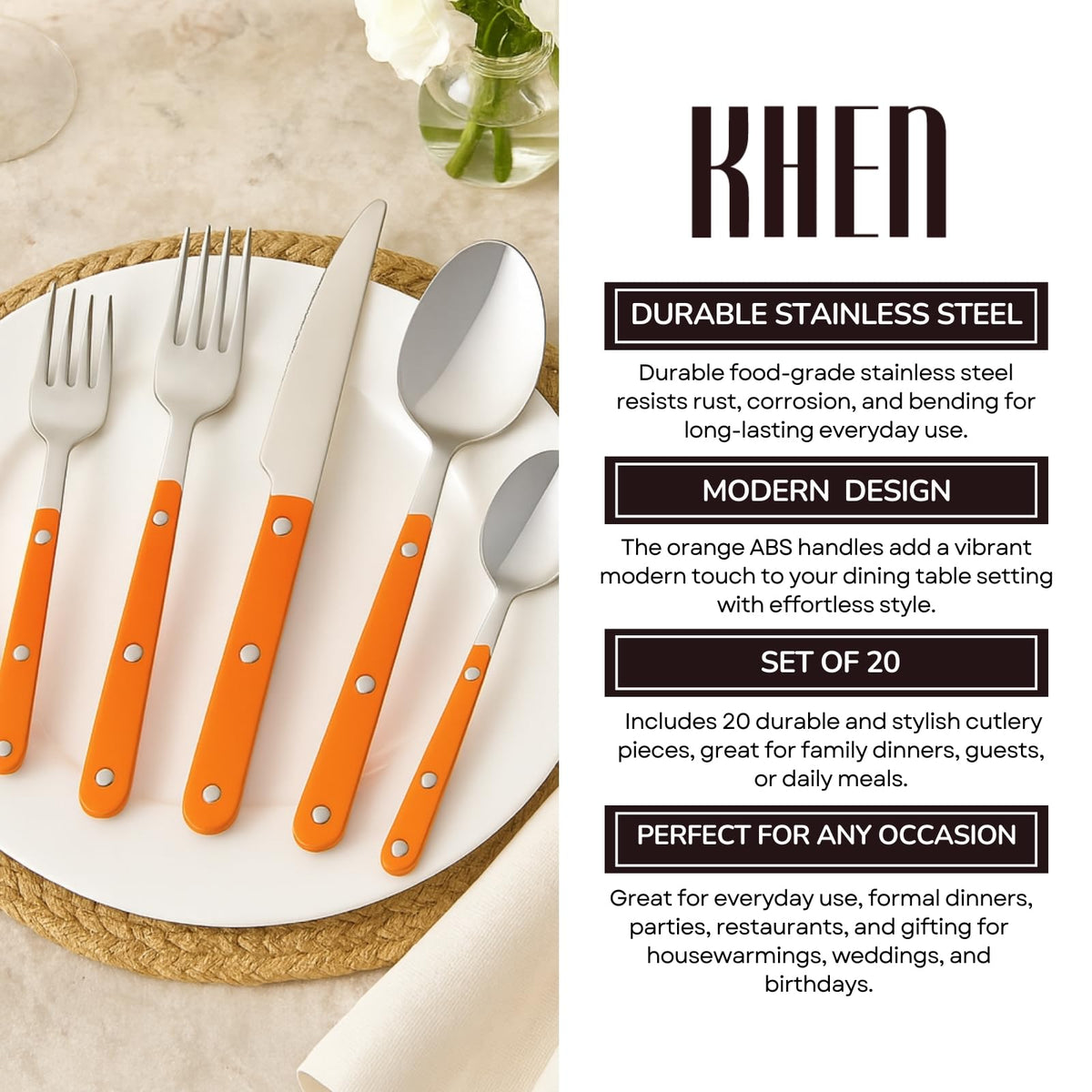 Khen 20-Piece Cutlery Set with Dinner Knives, Forks, Spoons, Salad Forks & Teaspoons - Che Cose Belle