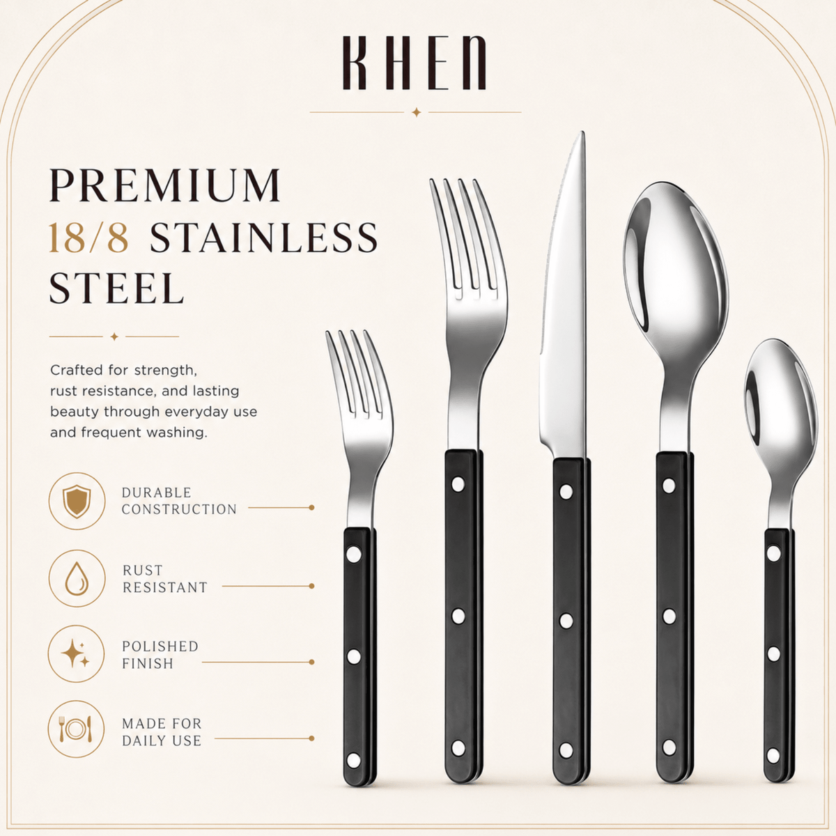 Khen Black Cutlery Set of 20 –18/8 Stainless Steel Flatware - Che Cose Belle