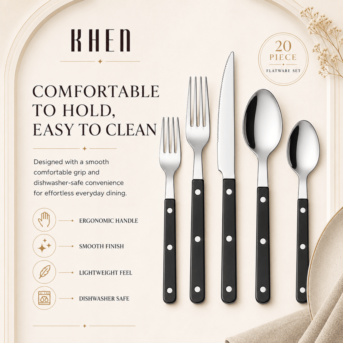 Khen Black Cutlery Set of 20 –18/8 Stainless Steel Flatware - Che Cose Belle