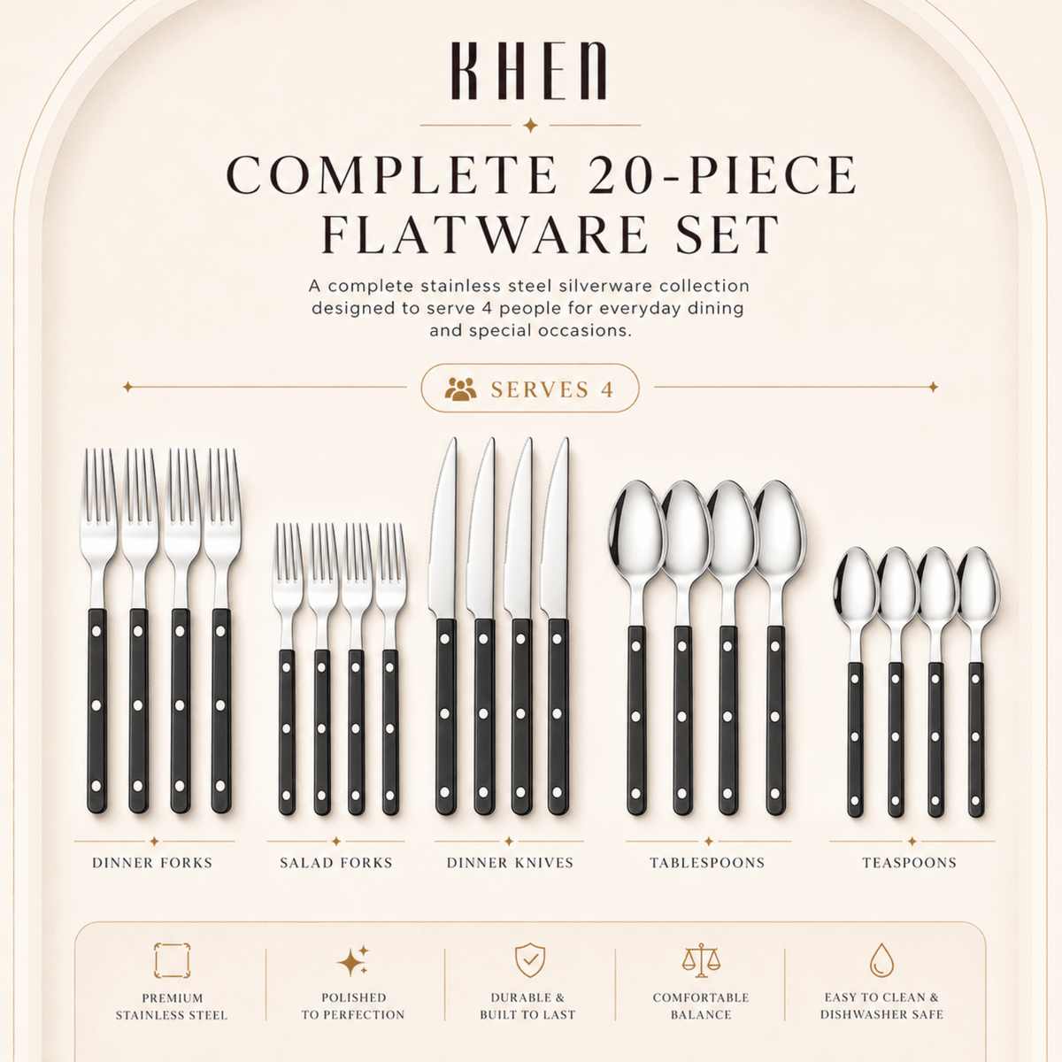 Khen Black Cutlery Set of 20 –18/8 Stainless Steel Flatware - Che Cose Belle
