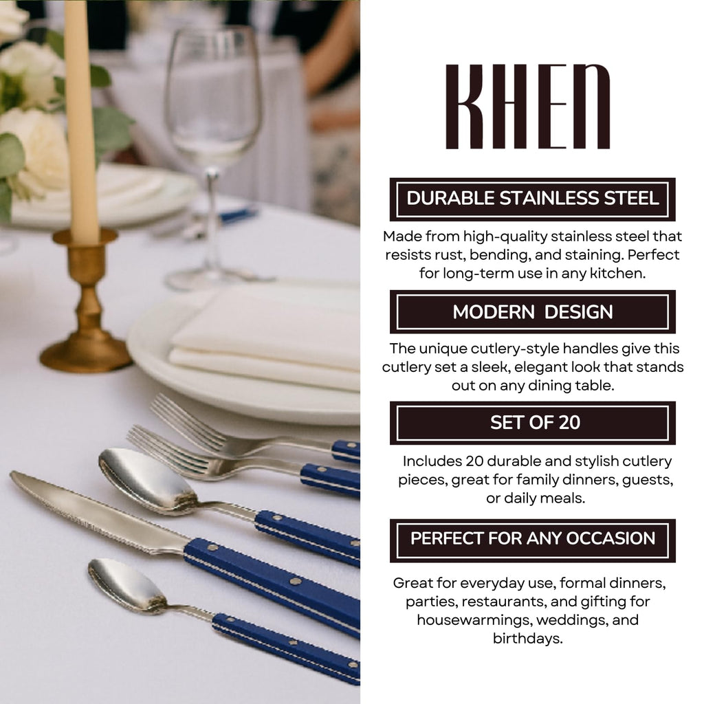 Khen Blue Cutlery Set of 20 –18/8 Stainless Steel Flatware - Che Cose Belle