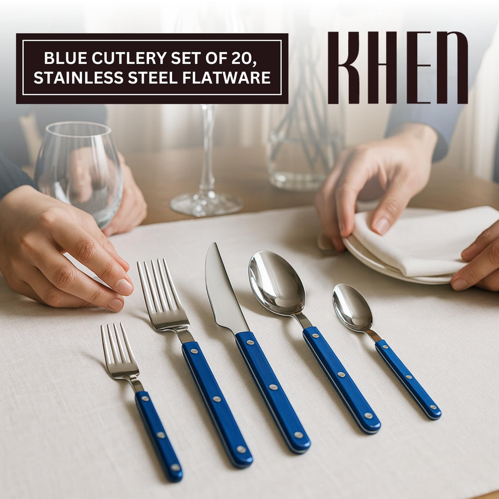 Khen Blue Cutlery Set of 20 –18/8 Stainless Steel Flatware - Che Cose Belle