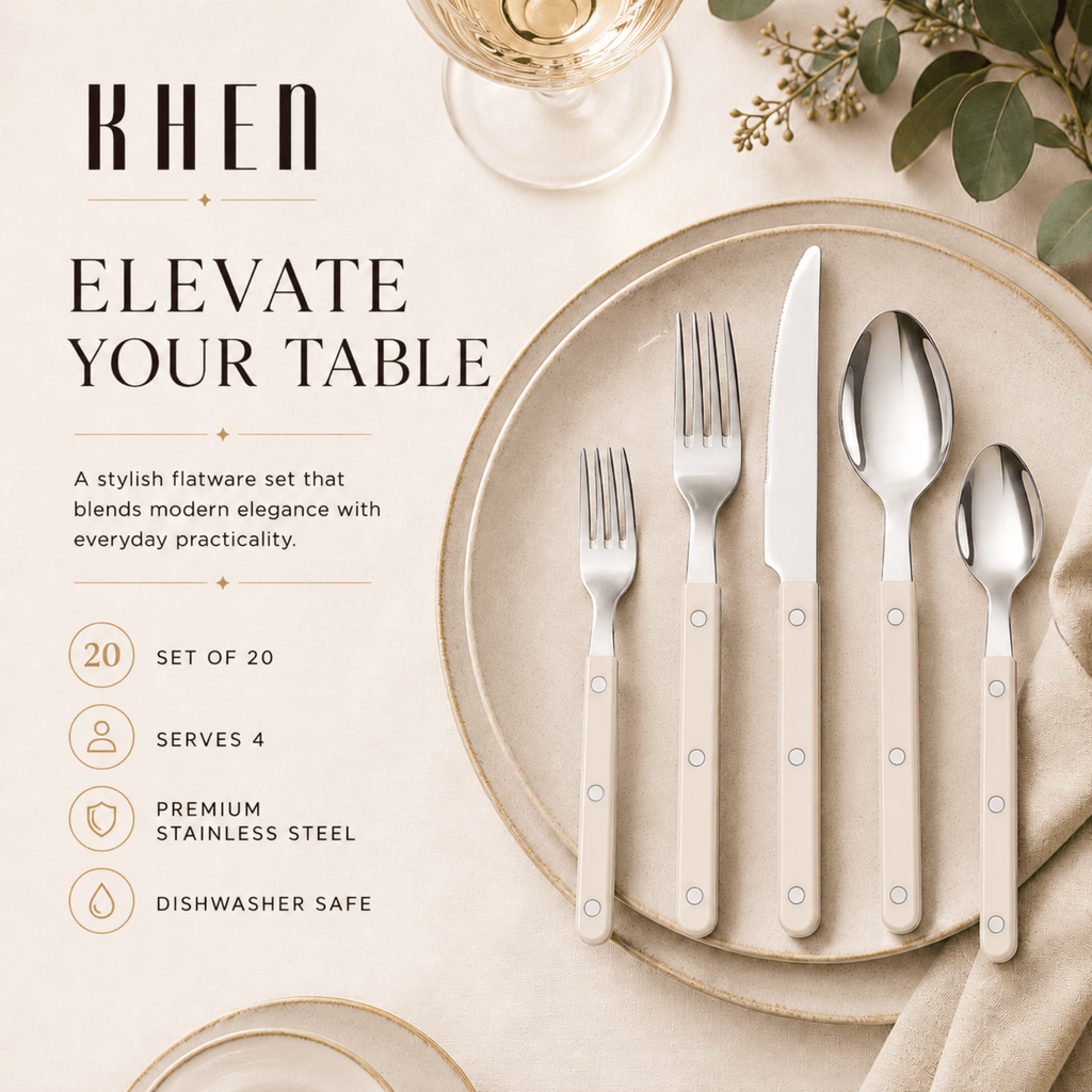Khen Cream Cutlery Set of 20 –18/8 Stainless Steel Flatware - Che Cose Belle