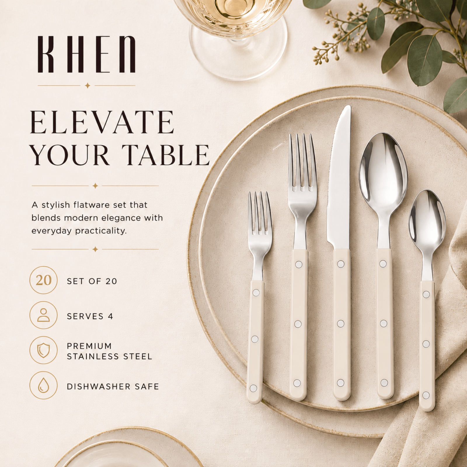Khen Cream Cutlery Set of 20 –18/8 Stainless Steel Flatware - Che Cose Belle