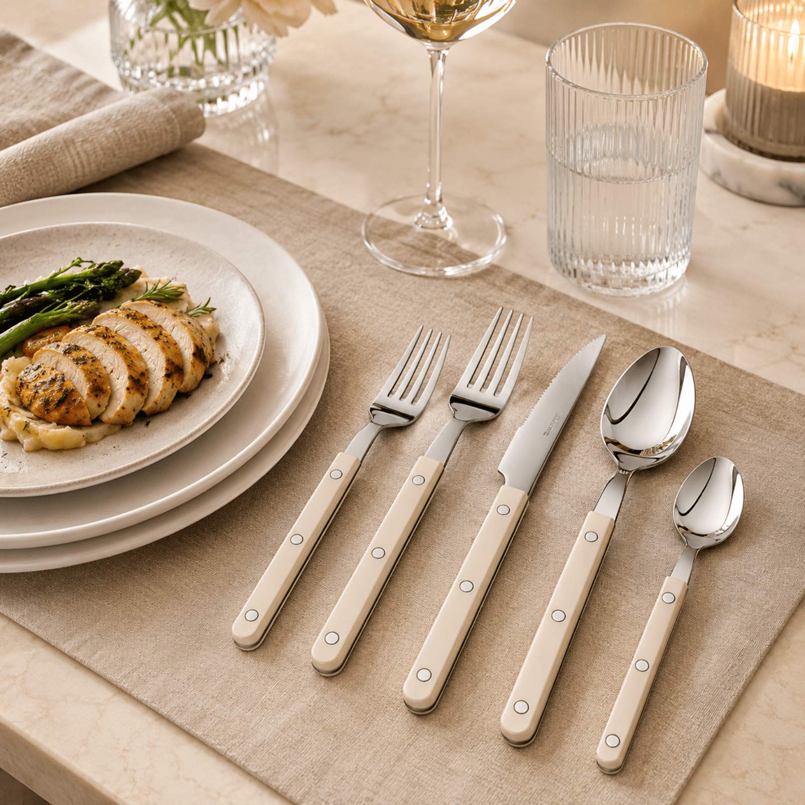 Khen Cream Cutlery Set of 20 –18/8 Stainless Steel Flatware - Che Cose Belle