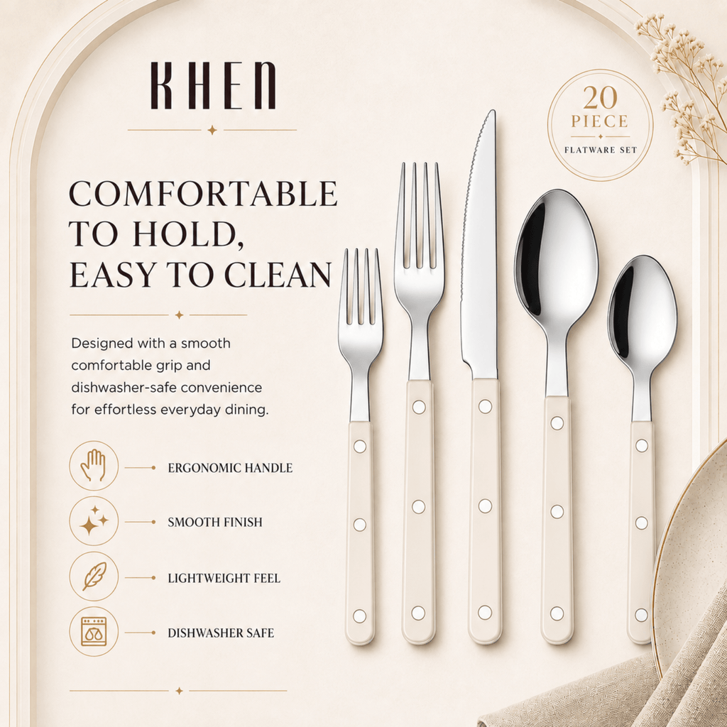 Khen Cream Cutlery Set of 20 –18/8 Stainless Steel Flatware - Che Cose Belle