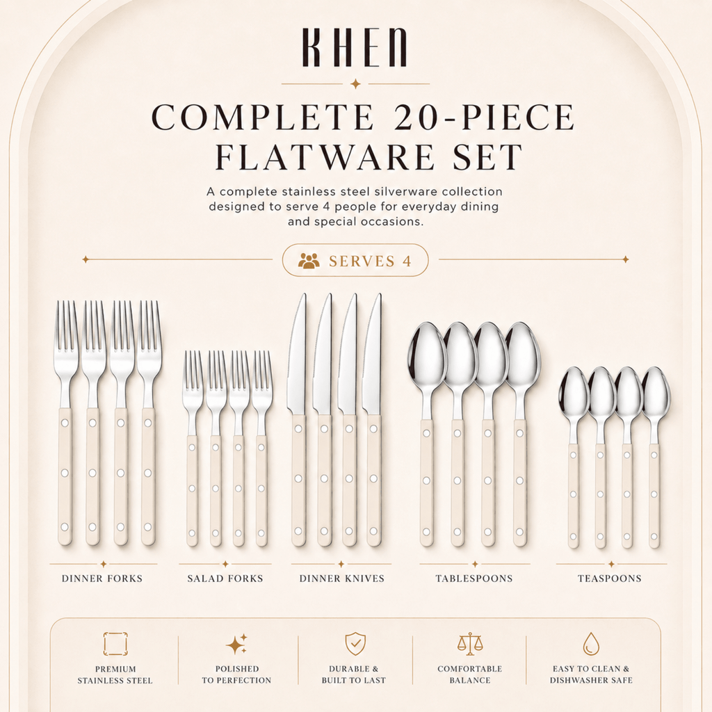 Khen Cream Cutlery Set of 20 –18/8 Stainless Steel Flatware - Che Cose Belle