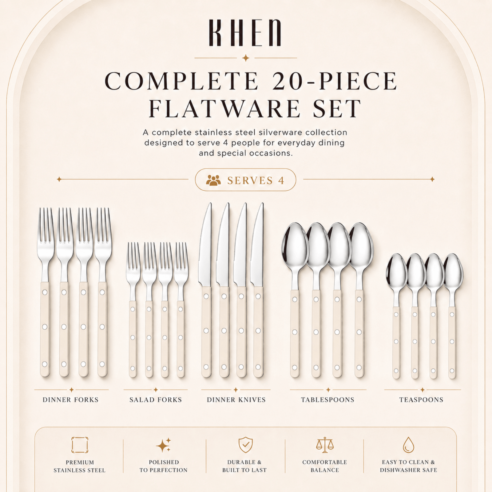 Khen Cream Cutlery Set of 20 –18/8 Stainless Steel Flatware - Che Cose Belle