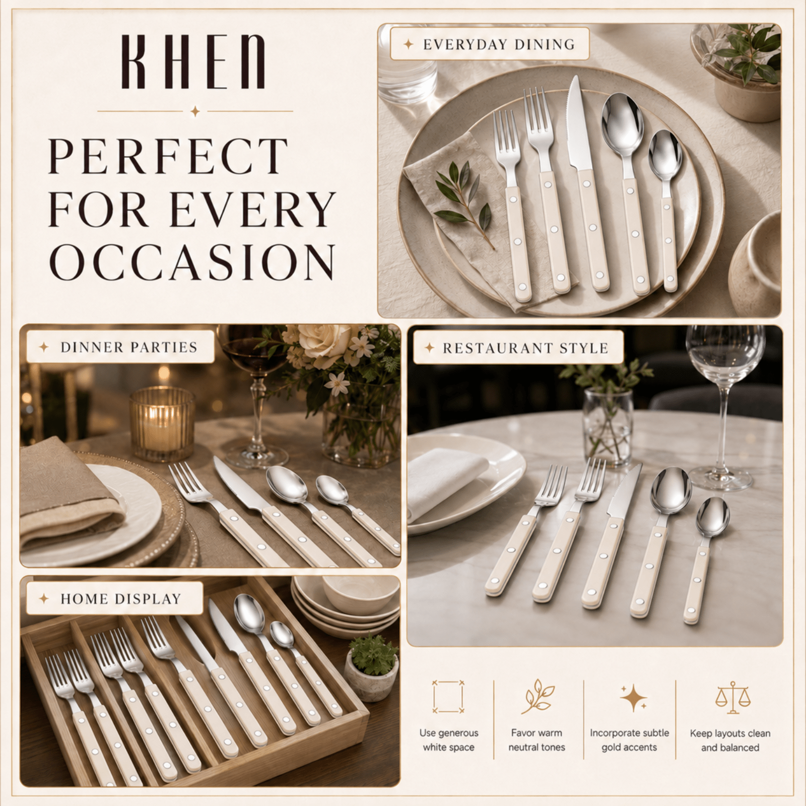 Khen Cream Cutlery Set of 20 –18/8 Stainless Steel Flatware - Che Cose Belle