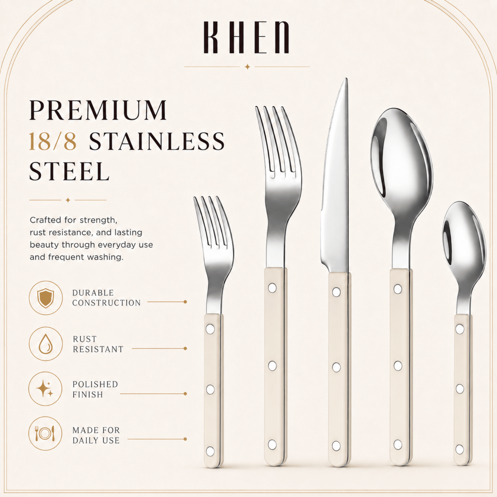 Khen Cream Cutlery Set of 20 –18/8 Stainless Steel Flatware - Che Cose Belle