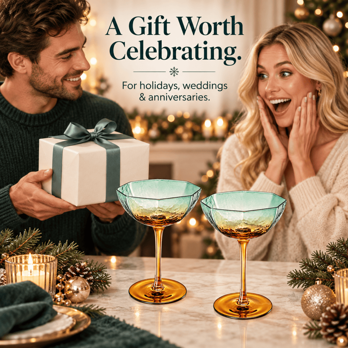 Khen Hexagonal Coupe Glasses Elegant Break Resistant - Set of 2 Teal + Brown - Che Cose Belle