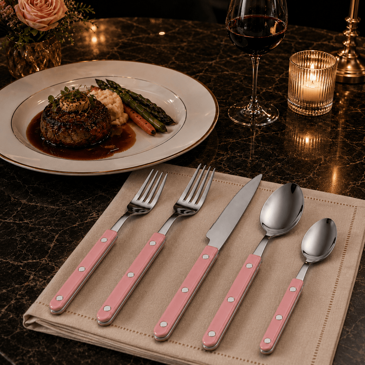 Khen Pink Cutlery Set of 20 –18/8 Stainless Steel Flatware - Che Cose Belle
