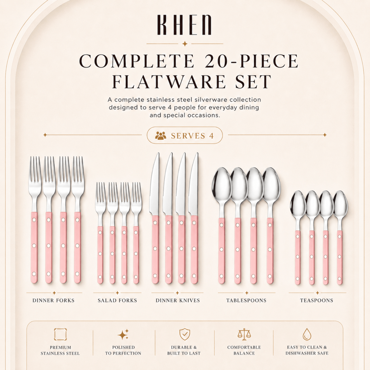 Khen Pink Cutlery Set of 20 –18/8 Stainless Steel Flatware - Che Cose Belle