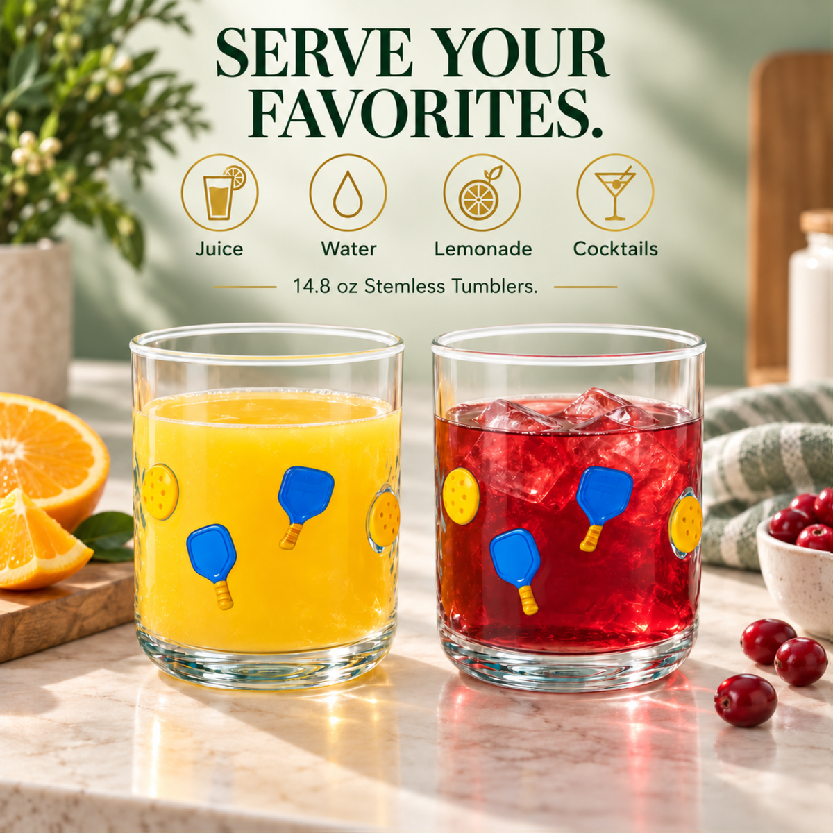 Khen Set of 2 Pickleball Paddle Icon Juice Glass Athletic Sports Cup 14.8oz - Che Cose Belle
