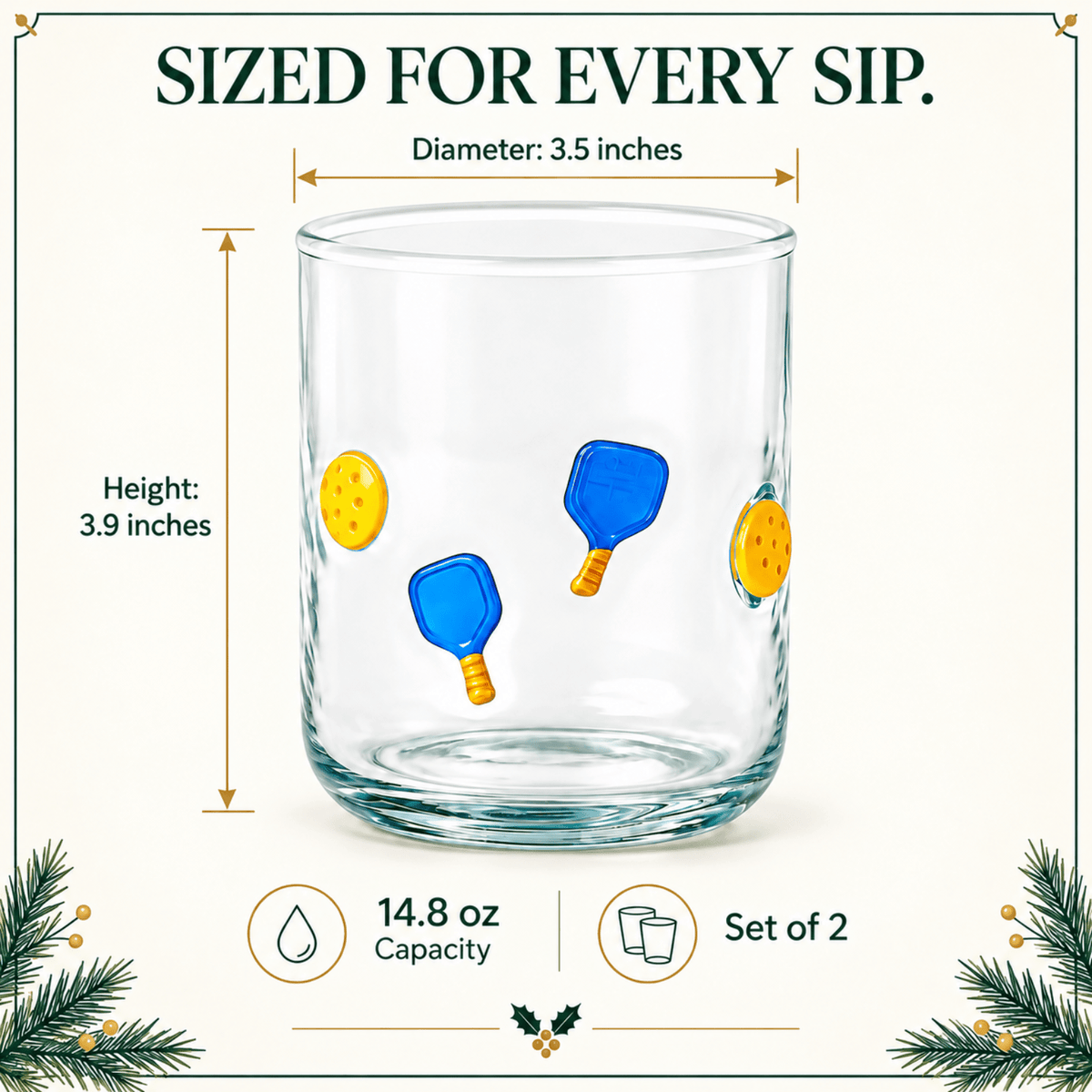 Khen Set of 2 Pickleball Paddle Icon Juice Glass Athletic Sports Cup 14.8oz - Che Cose Belle