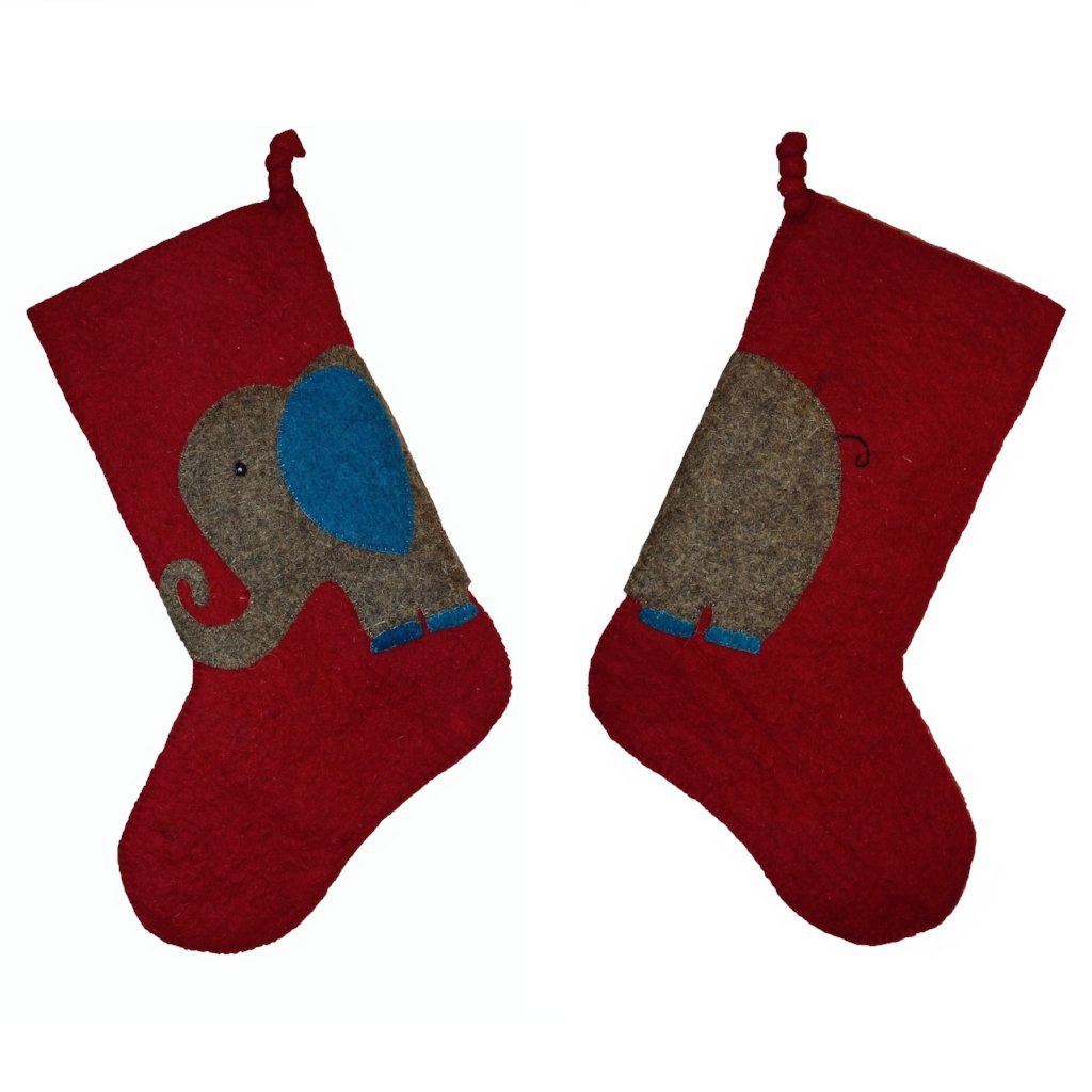Kids Elephant Double Sided Red Hand Felted Wool Christmas Stocking Arcadia Home - Che Cose Belle