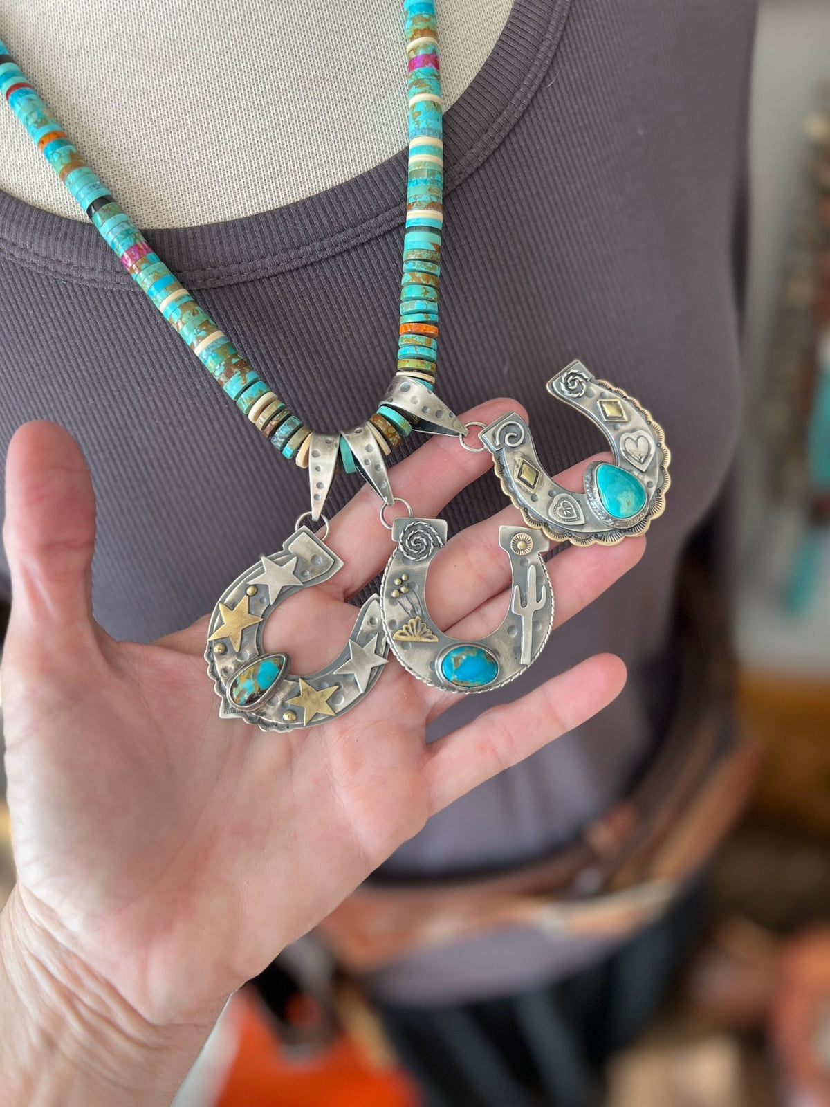 Kimari Somers Hand Stamped Sterling Silver Heart Motif Horseshoe Pendant with Brass & Royston Turquoise - Che Cose Belle