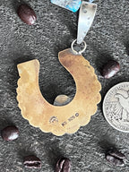 Kimari Somers Hand Stamped Sterling Silver Heart Motif Horseshoe Pendant with Brass & Royston Turquoise - Che Cose Belle