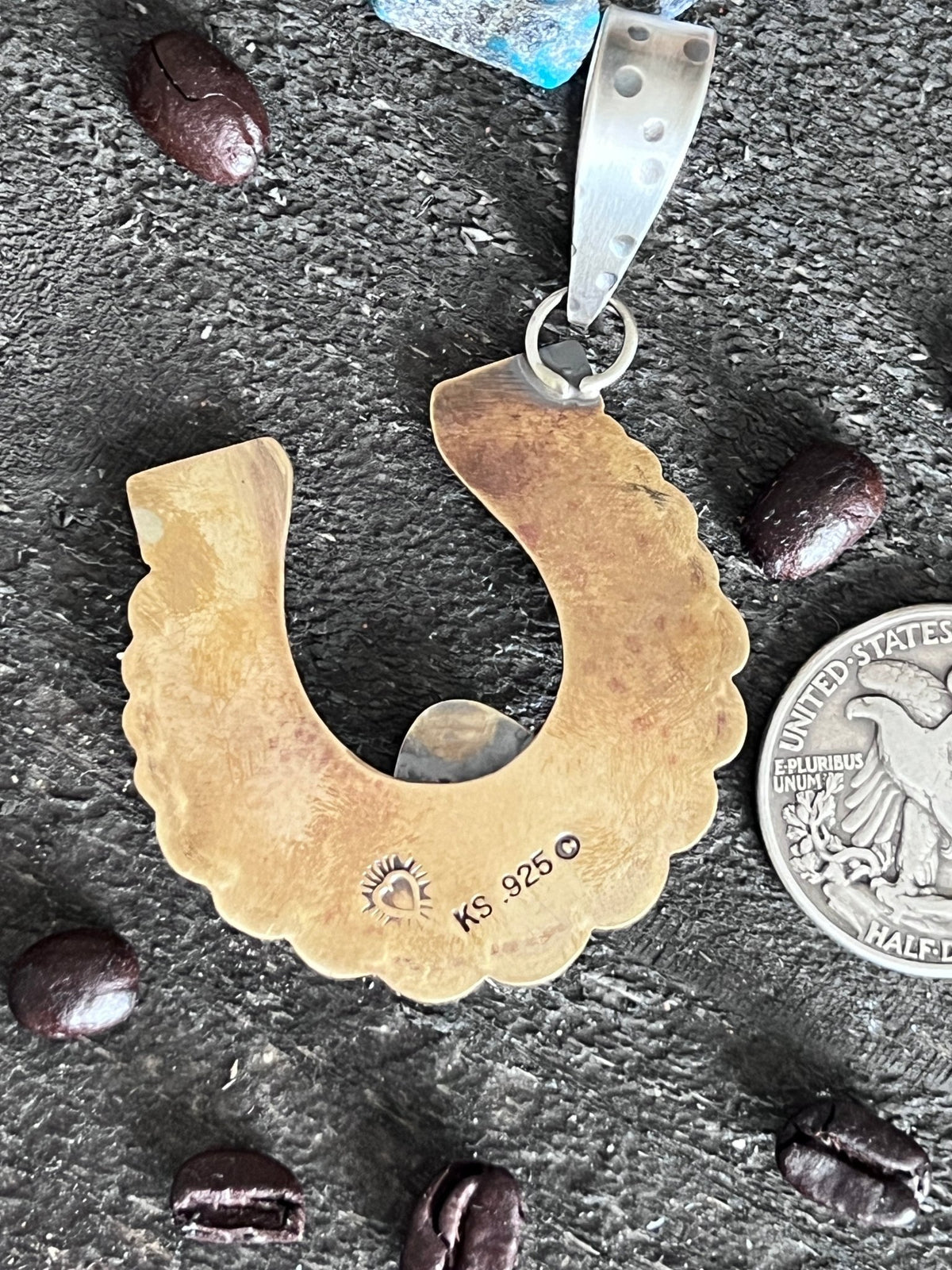 Kimari Somers Hand Stamped Sterling Silver Heart Motif Horseshoe Pendant with Brass & Royston Turquoise - Che Cose Belle